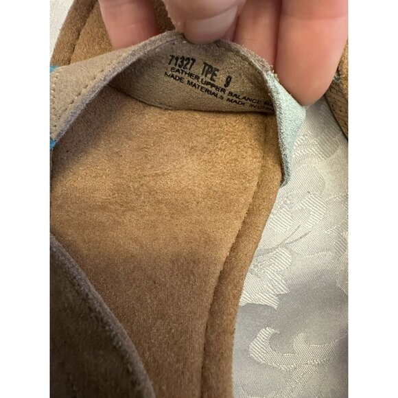 Minnetonka Poppy Size 9 Tan Aqua Blue Wedge Sandal Fringe Comfort 71327 - Picture 10 of 12